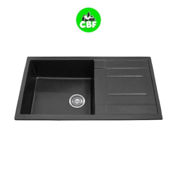 CBF S8650D-B - Black Kitchen Sink - Single Bowl with Drainer - 860 x 500mm, Black Granite Kitchen Sink