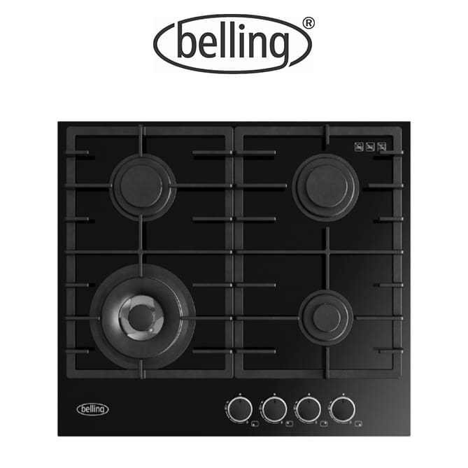 Belling BDC604BK 60cm Black Gas-Thru-Glass Cooktop, 4 Burners with high power Wok and Cast Iron Trivets