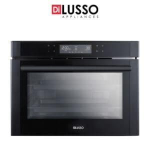 A modern 50cm black Di Lusso freestanding combi steam oven (CSO28ABFS) with a digital display showing temperature and time settings, featuring a large glass door and minimalist design.