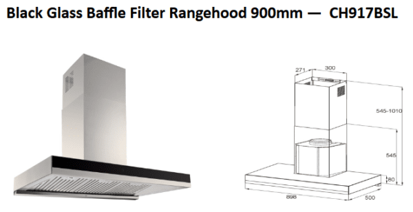 Di Lusso CH917BSL 90cm Black Glass Canopy Rangehood with Baffle Filter