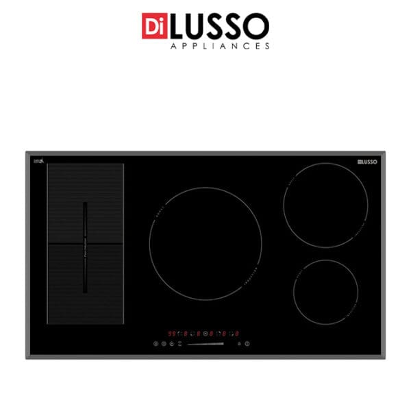 Di Lusso modern induction cooktop featuring a sleek black surface with four different sized cooking zones outlined in white, and a touch control panel at the bottom center.