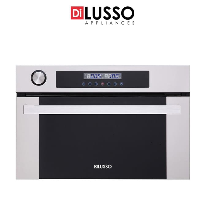 A Di Lusso 60cm built-in steam oven with a digital display, featuring a white and black design.