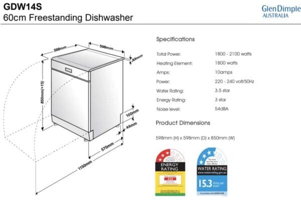 Glen Dimplex GDW14S 60cm Freestanding Stainless Steel European Dishwasher-schematic