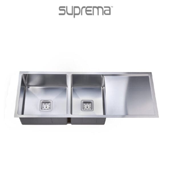 Handcrafted double bowl kitchen sink with drainer, and stainless steel brushed finish.