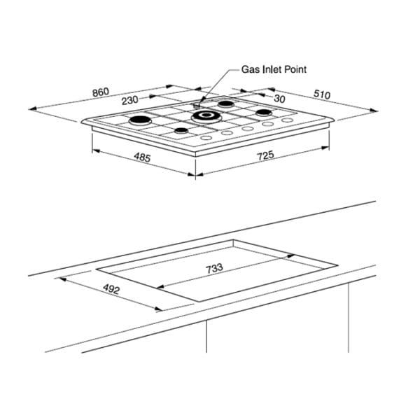 Technika H950STXFPRO 5 Gas Burner Cooktop - 900mm - Brushed Stainless Steel-schematic