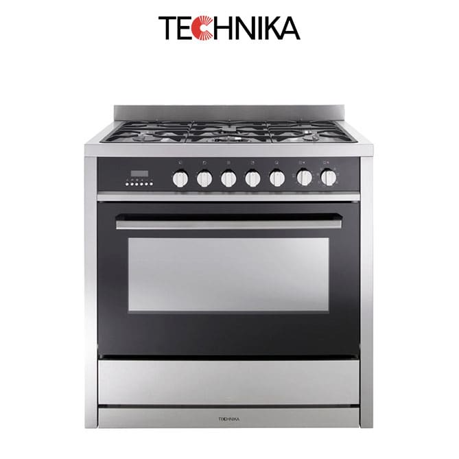 Technika TU950TME8BG 90cm Dual Fuel Stainless Steel-Black Glass Freestanding Stove upright cooker