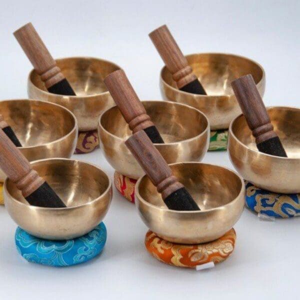 Hand-hammered Small Carved Chakra Singing Bowls Set