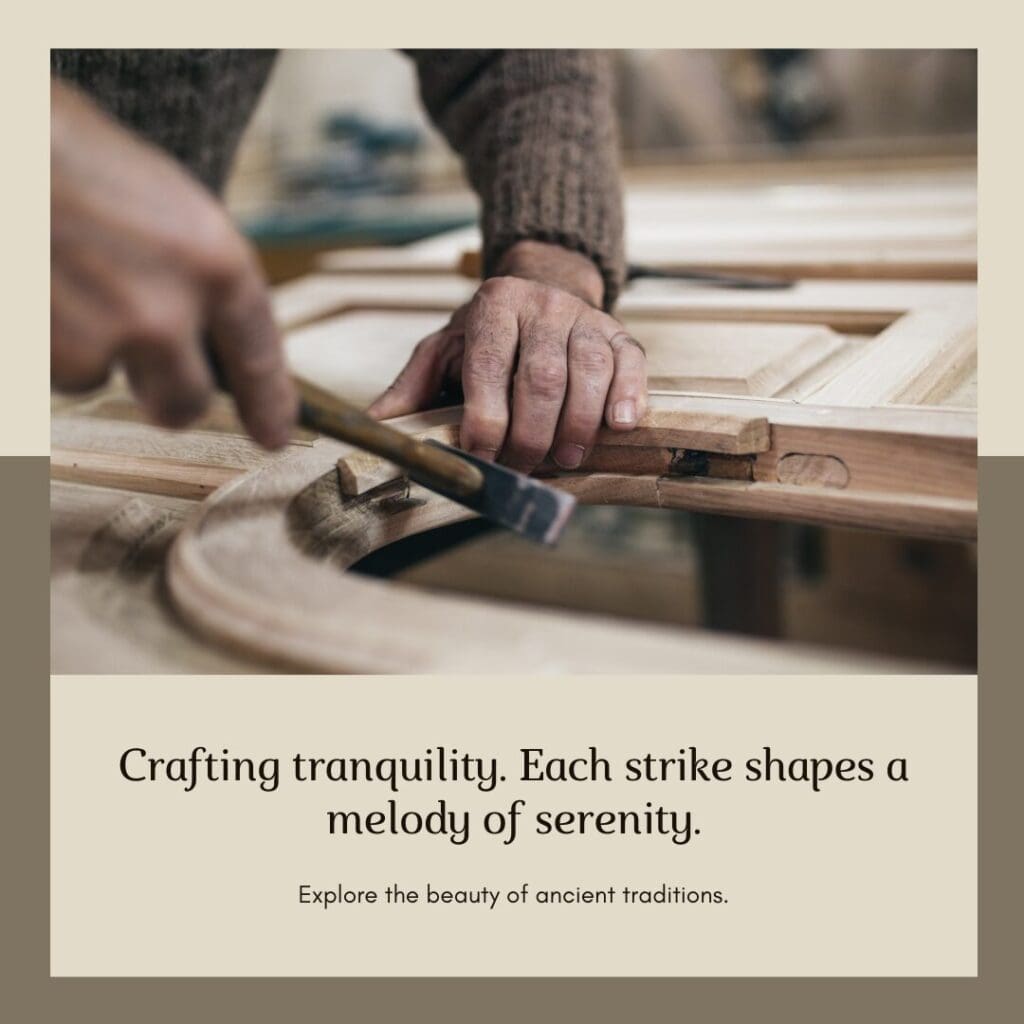 Craftsman shaping a metal singing bowl with traditional tools.
