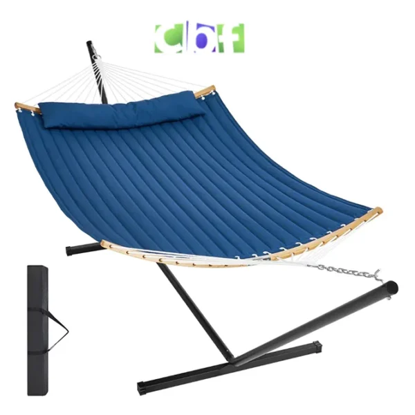 Two Person Hammock with Stand Included Double Hammock with Curved Spreader Bar and Detachable Pillow and Portable Bag, Double Quilted Hammock with Stand