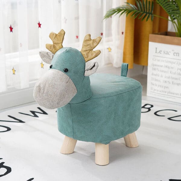 SOGA Green Children Bench Deer Character Round Ottoman Stool Soft Small Comfy Seat Home Decor