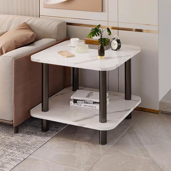 SOGA 60cm White Ceramic Side Table Stone Pattern Modern Design with Metal Legs